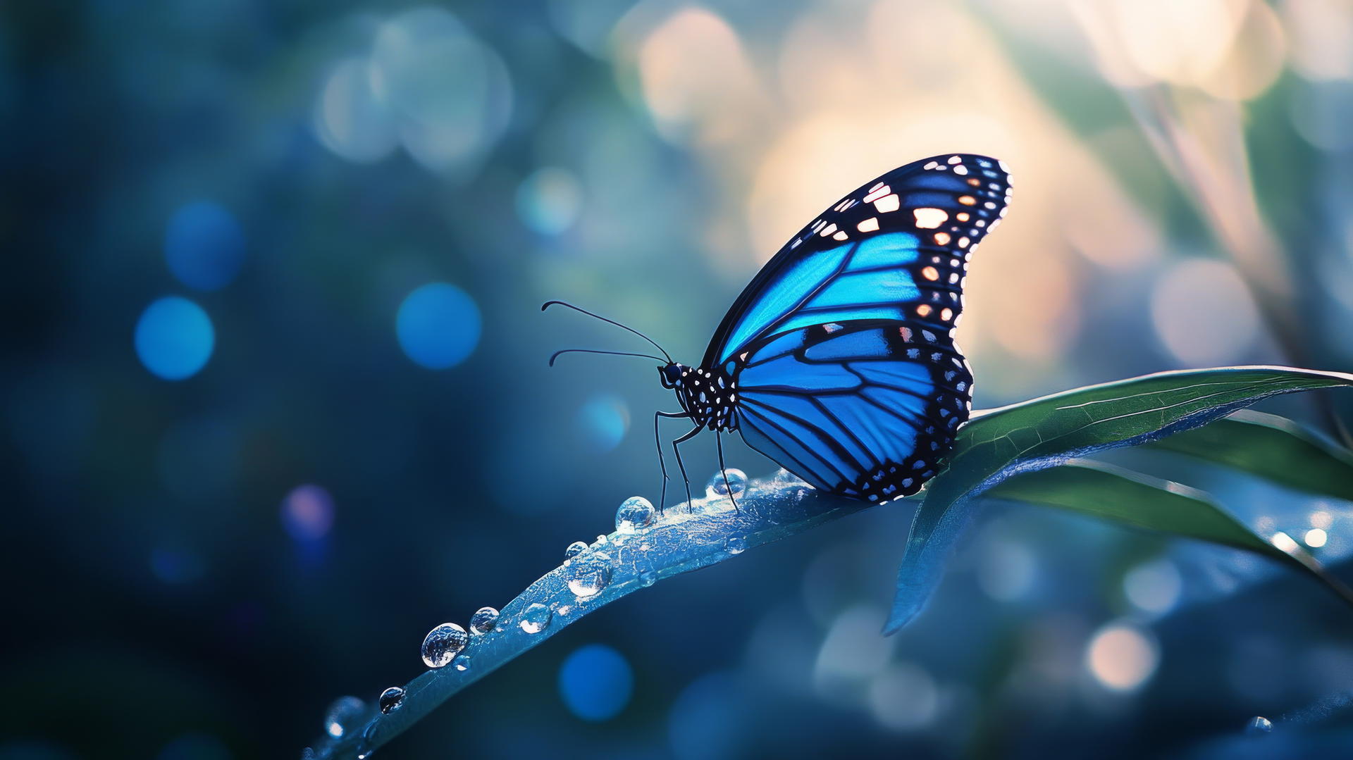 blue butterfly wallpaper with intricate wing patterns on a leaf