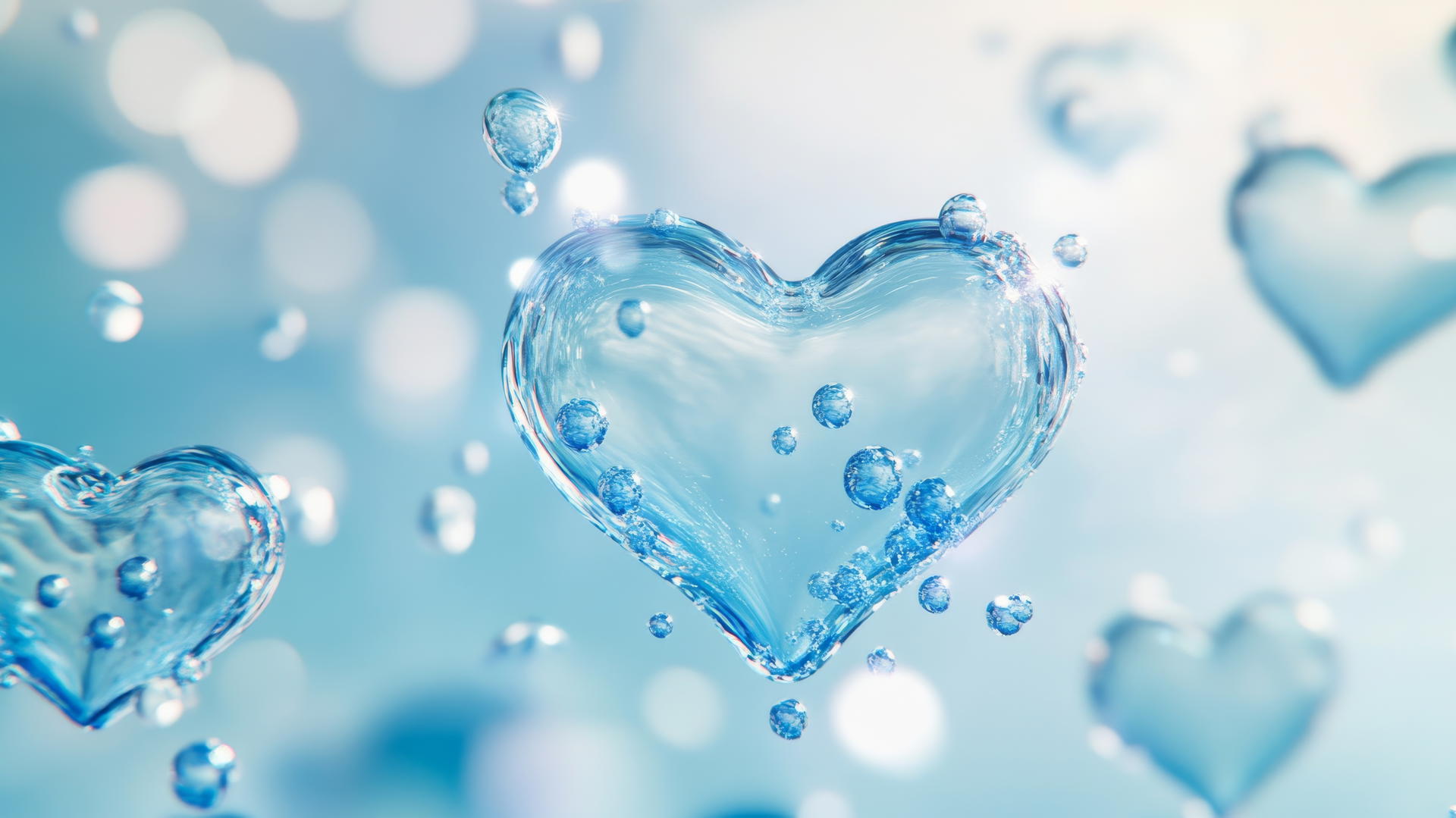 blue heart wallpaper with heart-shaped bubbles floating and bursting against a pale blue background