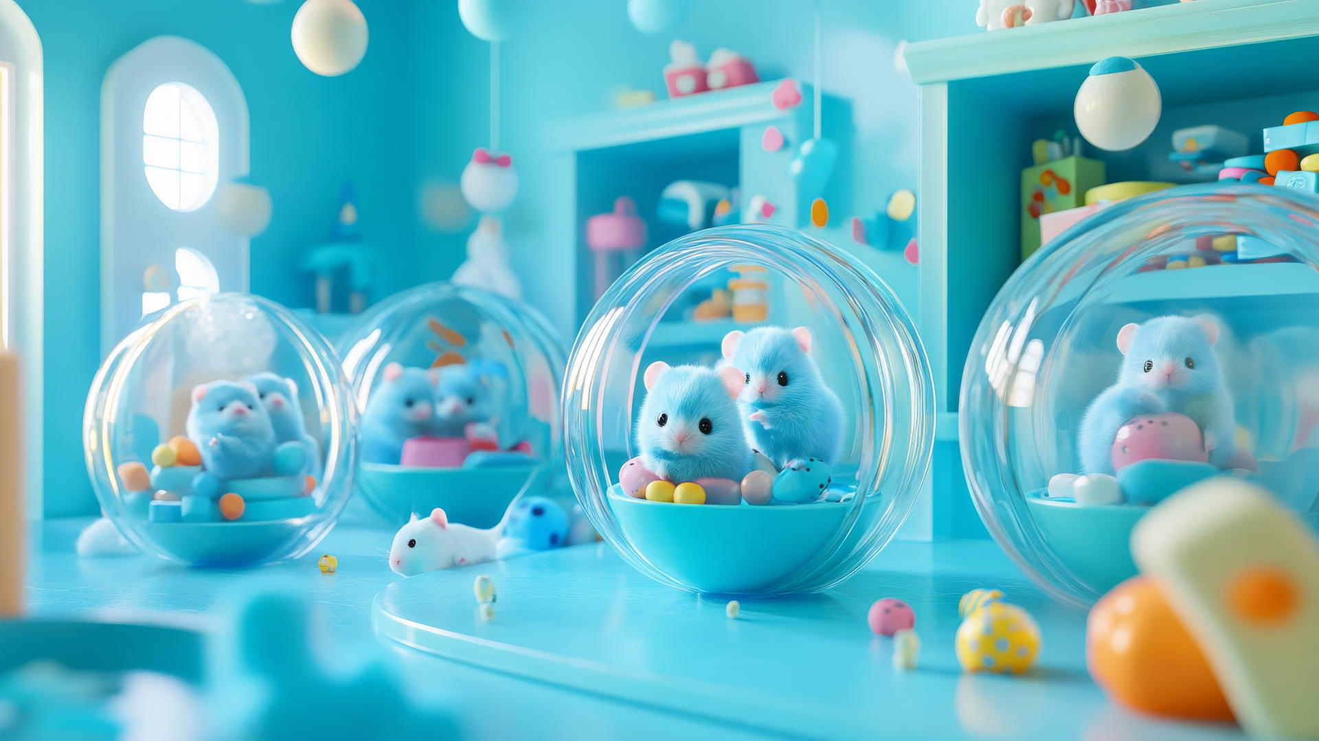 cute blue wallpaper with blue hamsters in transparent balls in pastel playroom