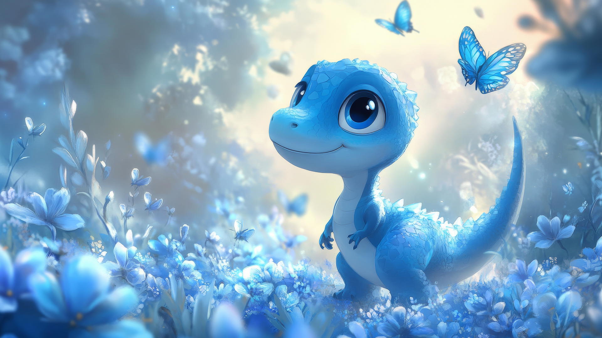 Cute blue wallpaper: cartoon blue dinosaur with big eyes and playful smile, in a field of blue flowers, surrounded by butterflies and a soft blue sky.