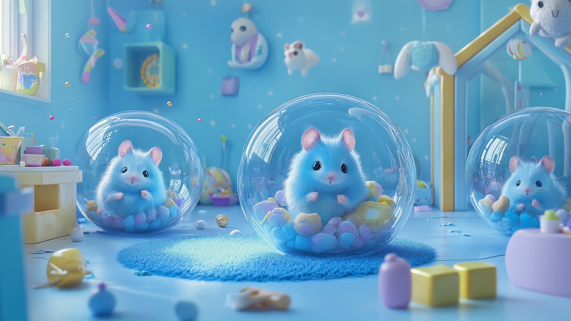 cute blue wallpaper with adorable blue hamsters in transparent balls