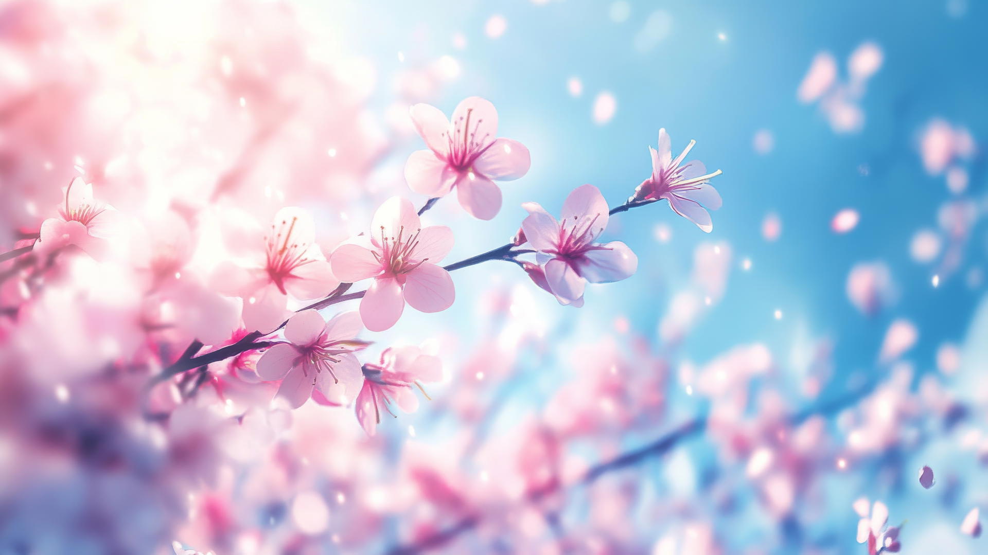 Pink and blue wallpaper with cherry blossoms swaying gently under a bright blue sky