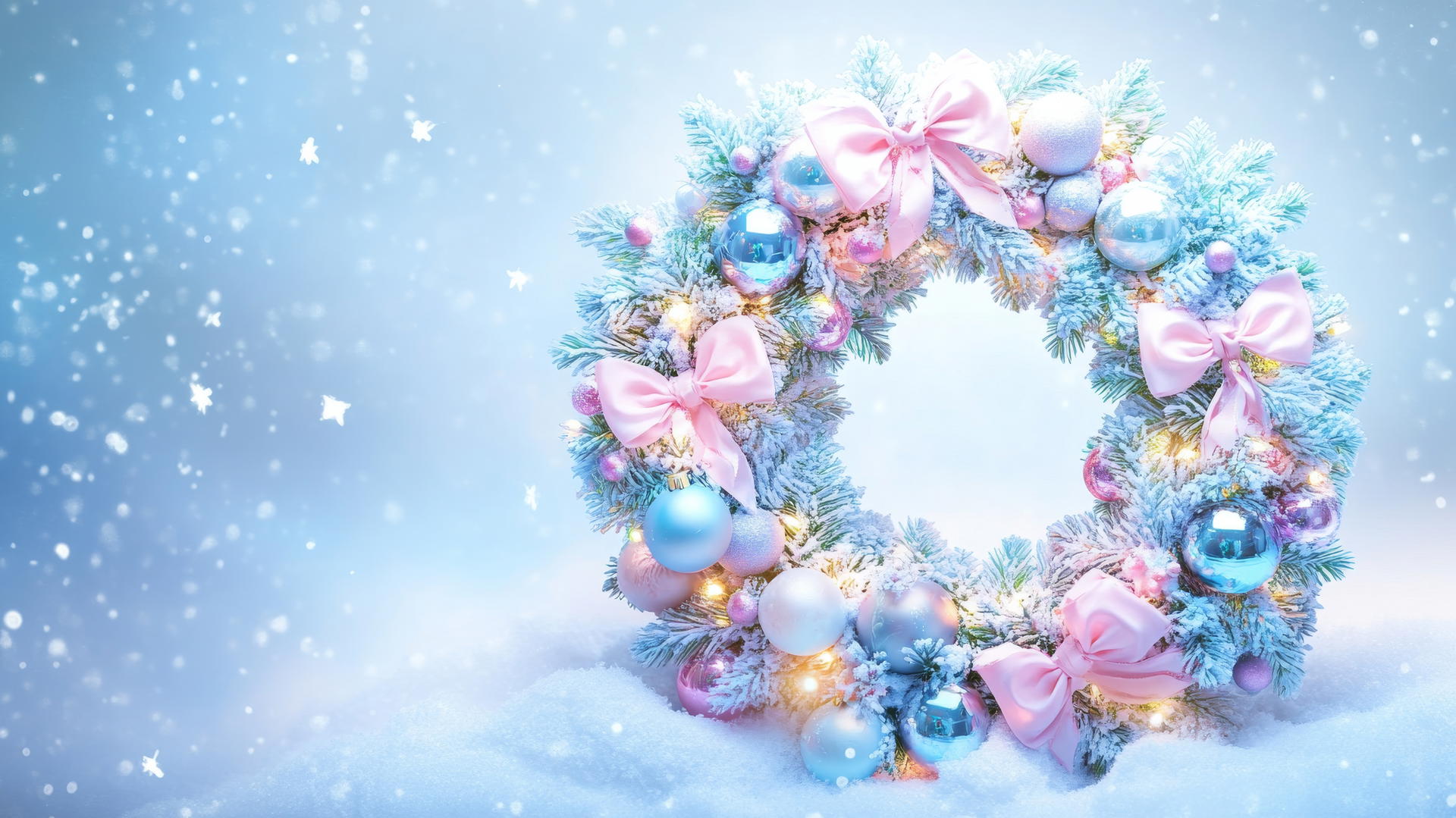 girly cute christmas wallpaper with pastel wreath, bows, ornaments, and lights