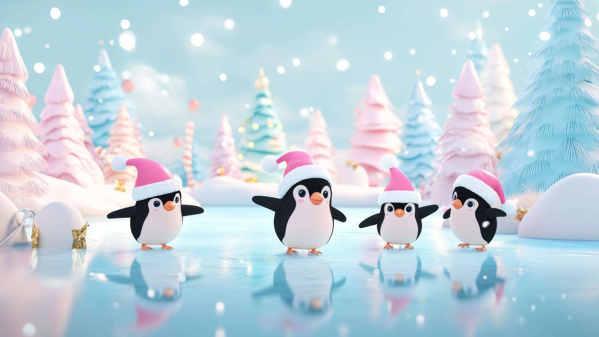 Girly cute Christmas wallpaper with penguins in pink Santa hats ice skating