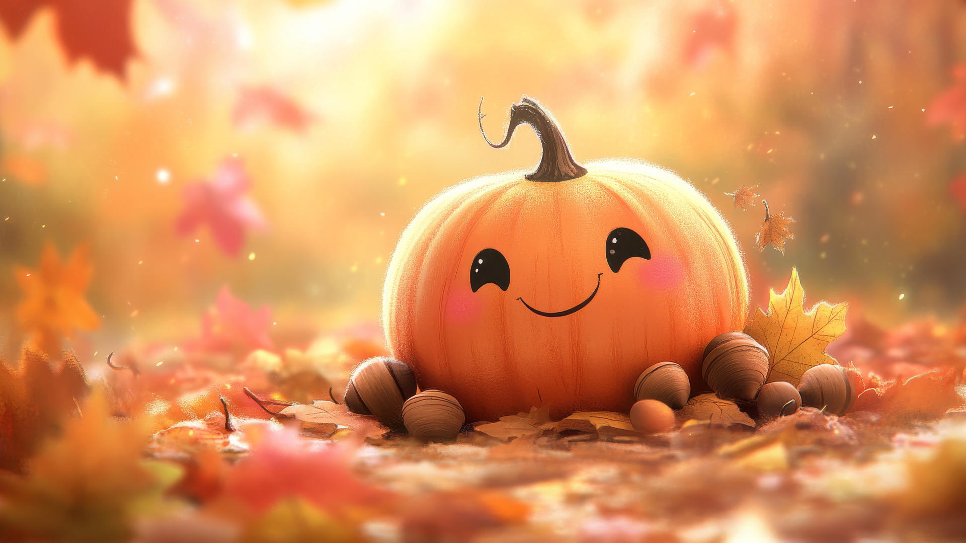 cute thanksgiving wallpaper with smiling pumpkin, acorns, and autumn leaves