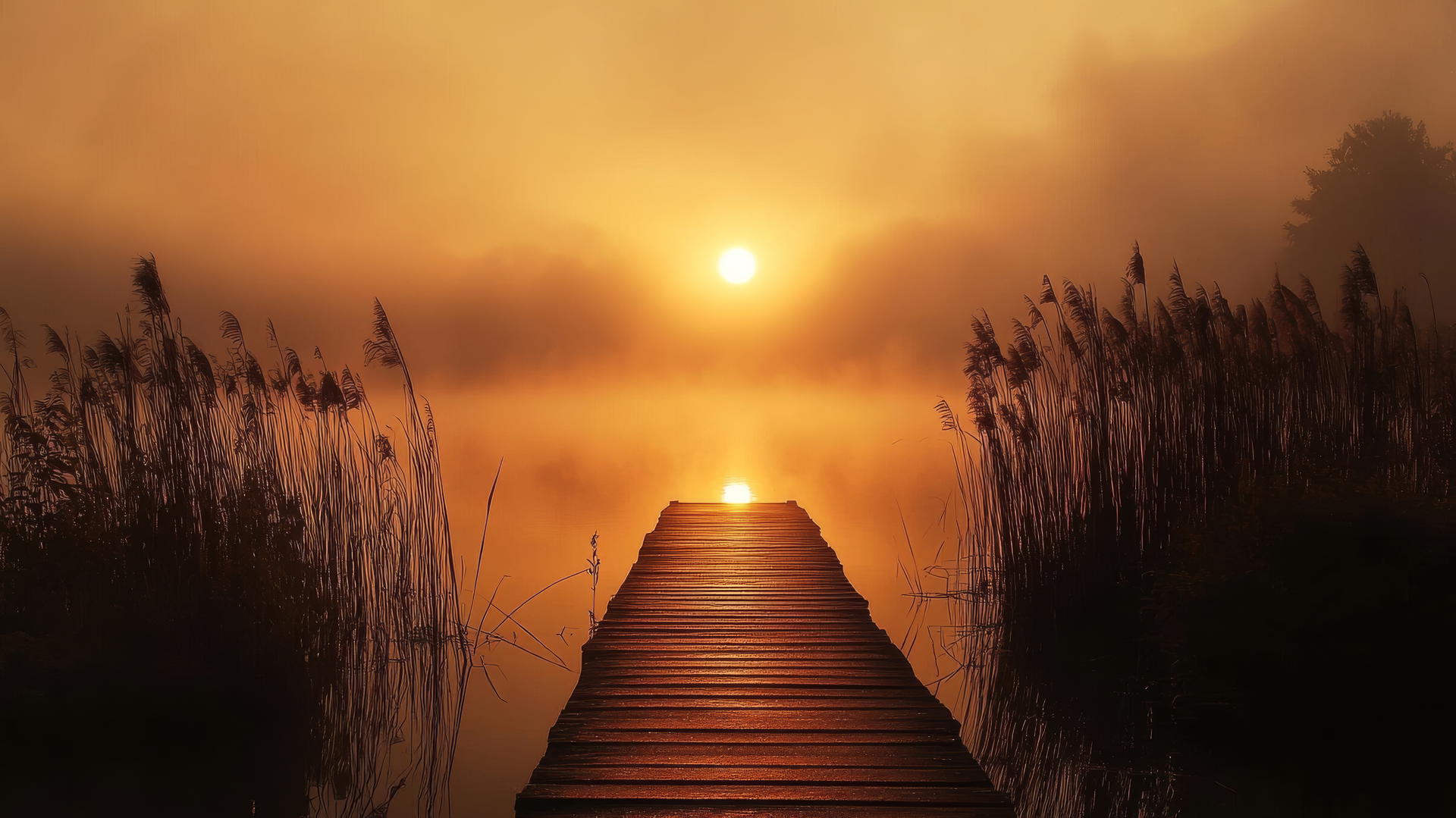 thanksgiving aesthetic wallpaper with a wooden dock on a foggy lake at sunrise surrounded by tall reeds
