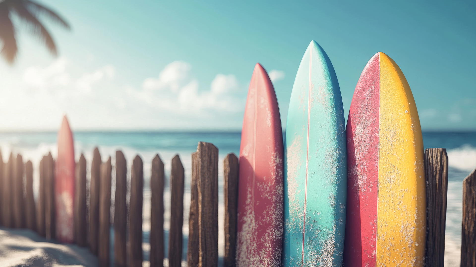 summer aesthetic wallpaper with colorful surfboards on a sunny beach