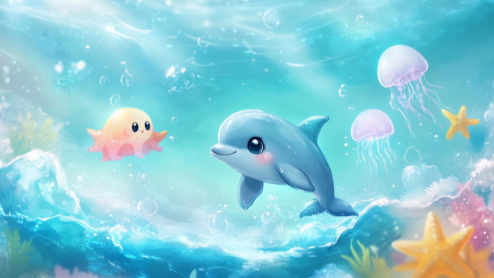 cute summer wallpaper with pastel ocean waves, baby dolphin, starfish, and jellyfish