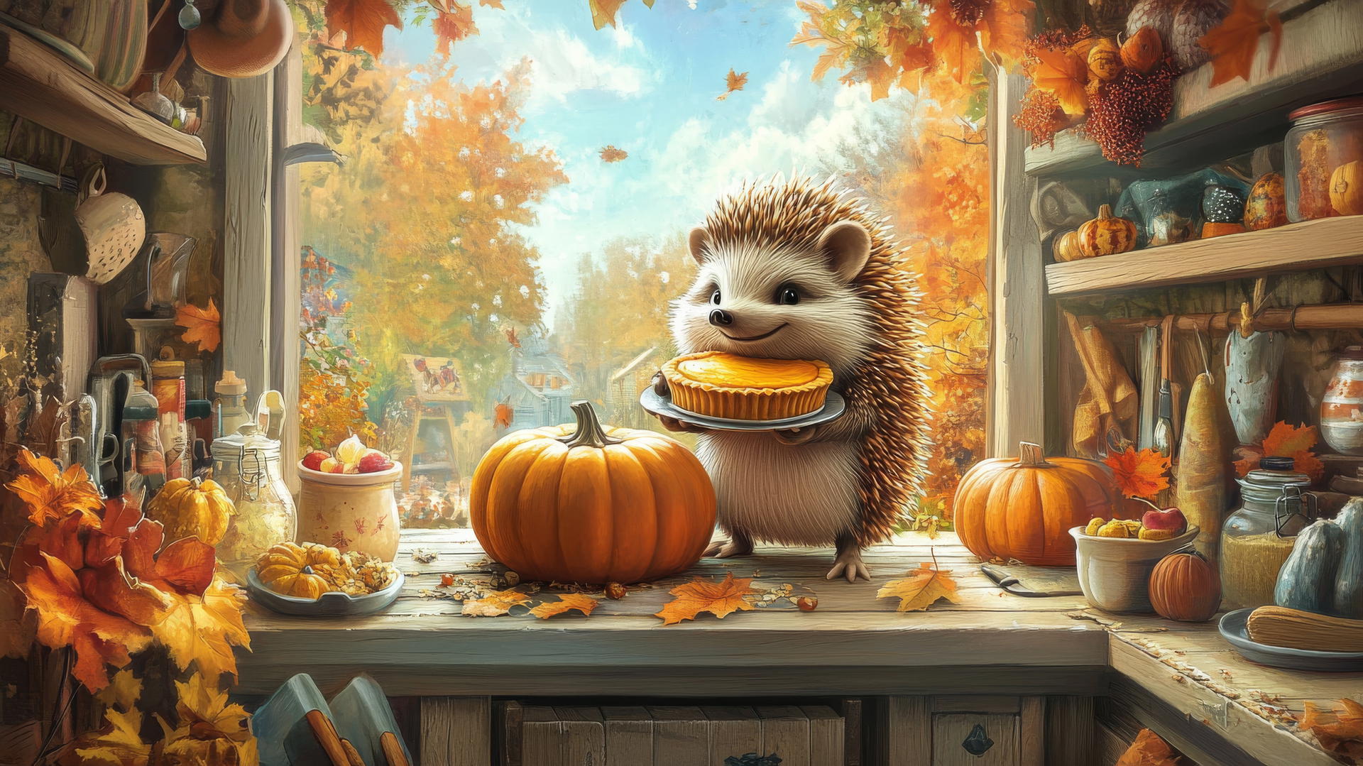thanksgiving wallpaper cute with a happy hedgehog baking a pumpkin pie