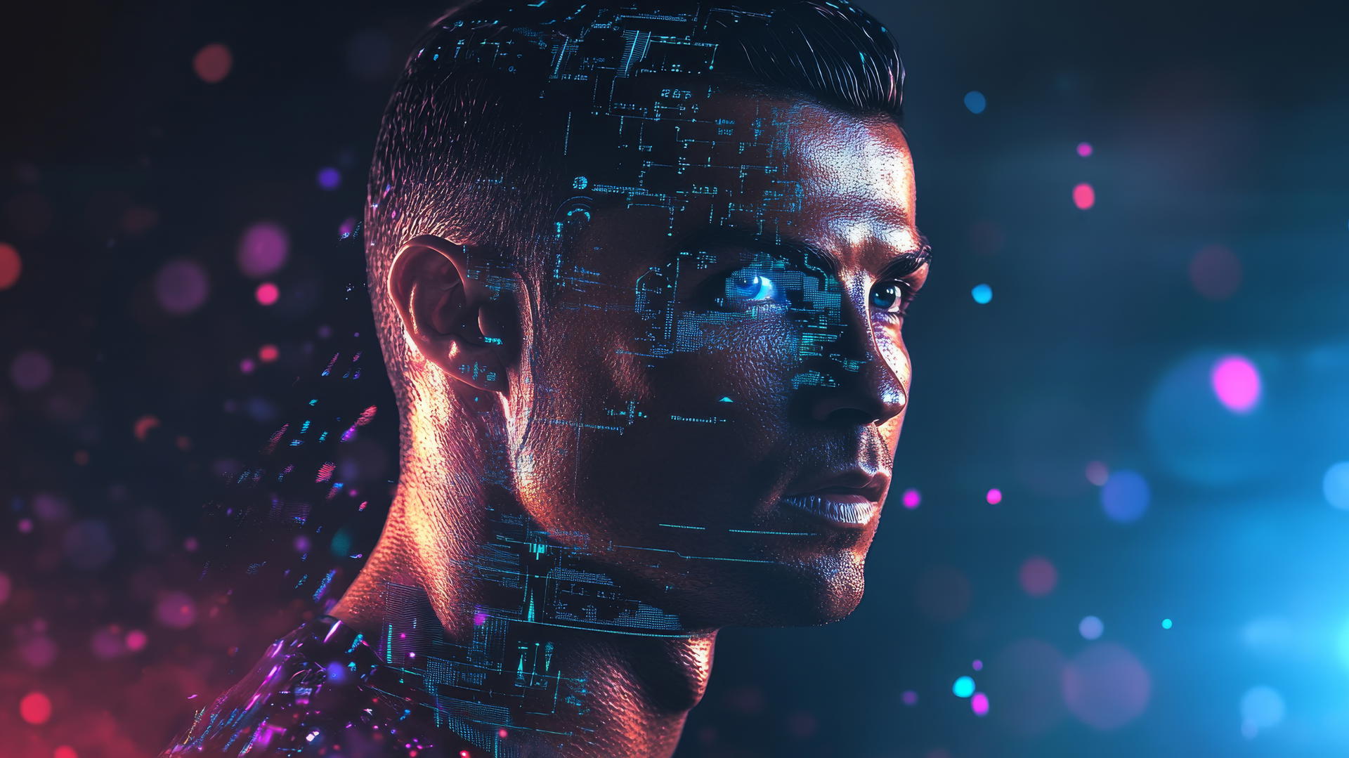 Cristiano Ronaldo wallpaper 4k with futuristic holographic overlay and glowing stats
