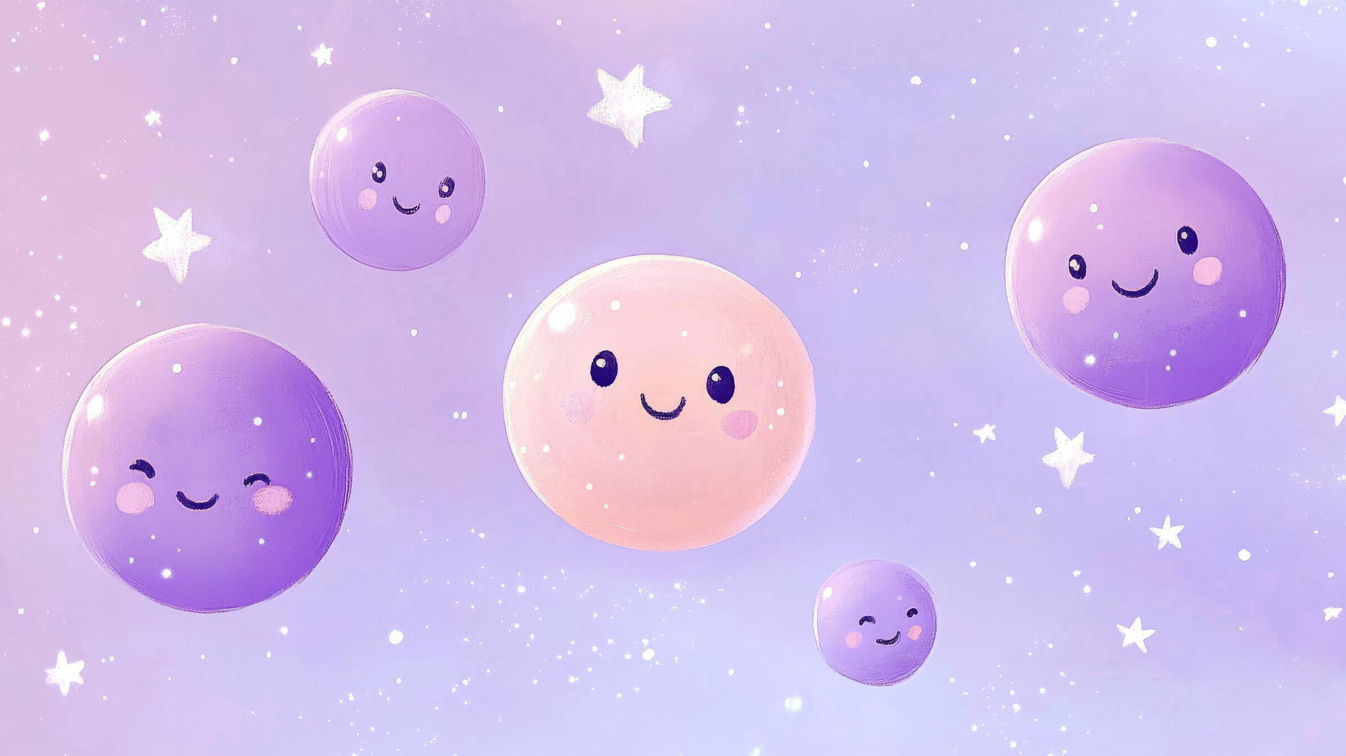 cute purple aesthetic wallpaper with smiling planets and twinkling stars