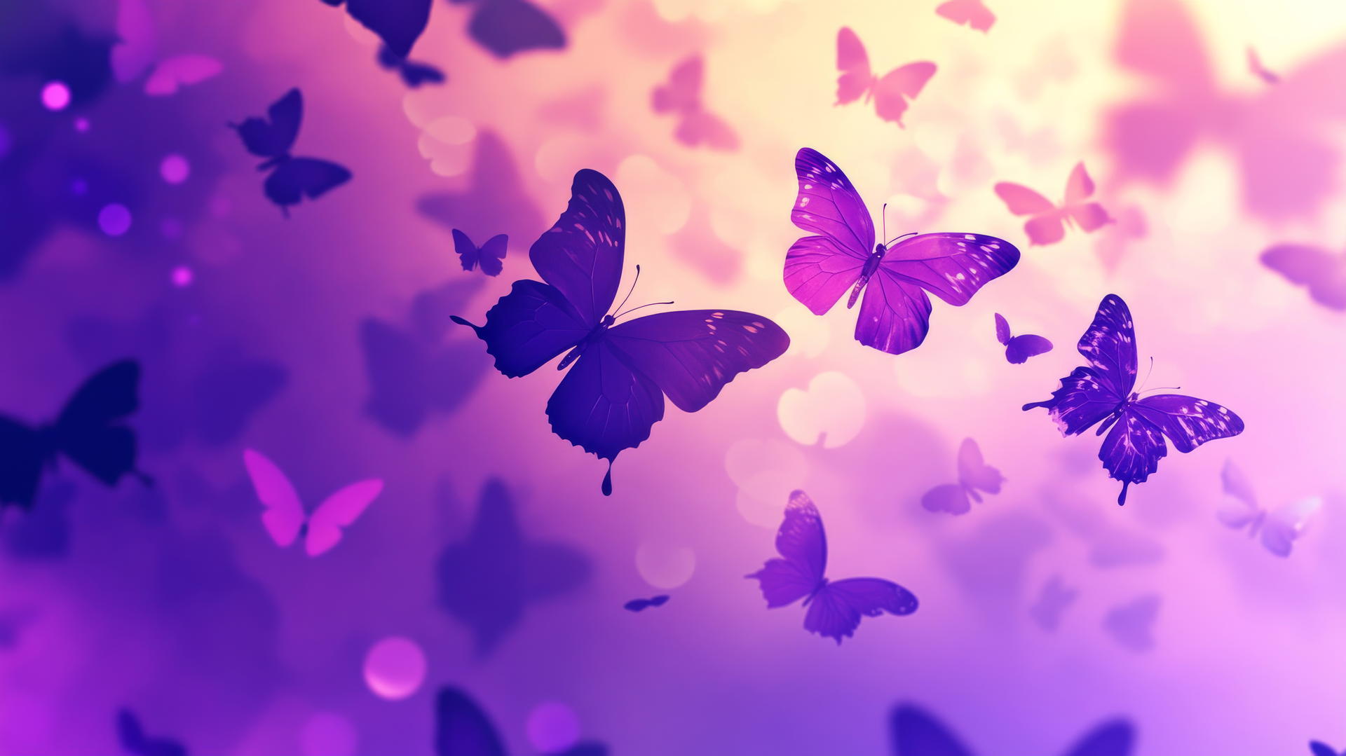 Purple butterfly silhouettes on a violet and lavender gradient background