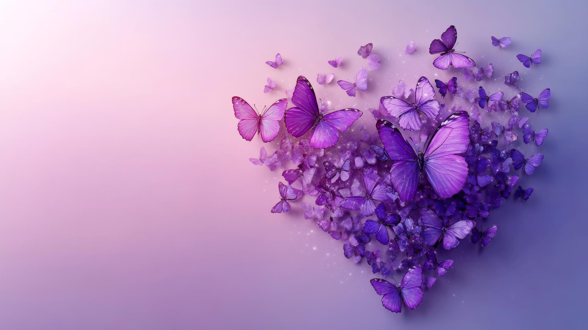 purple butterfly wallpaper in heart shape with sparkling trail on lilac background