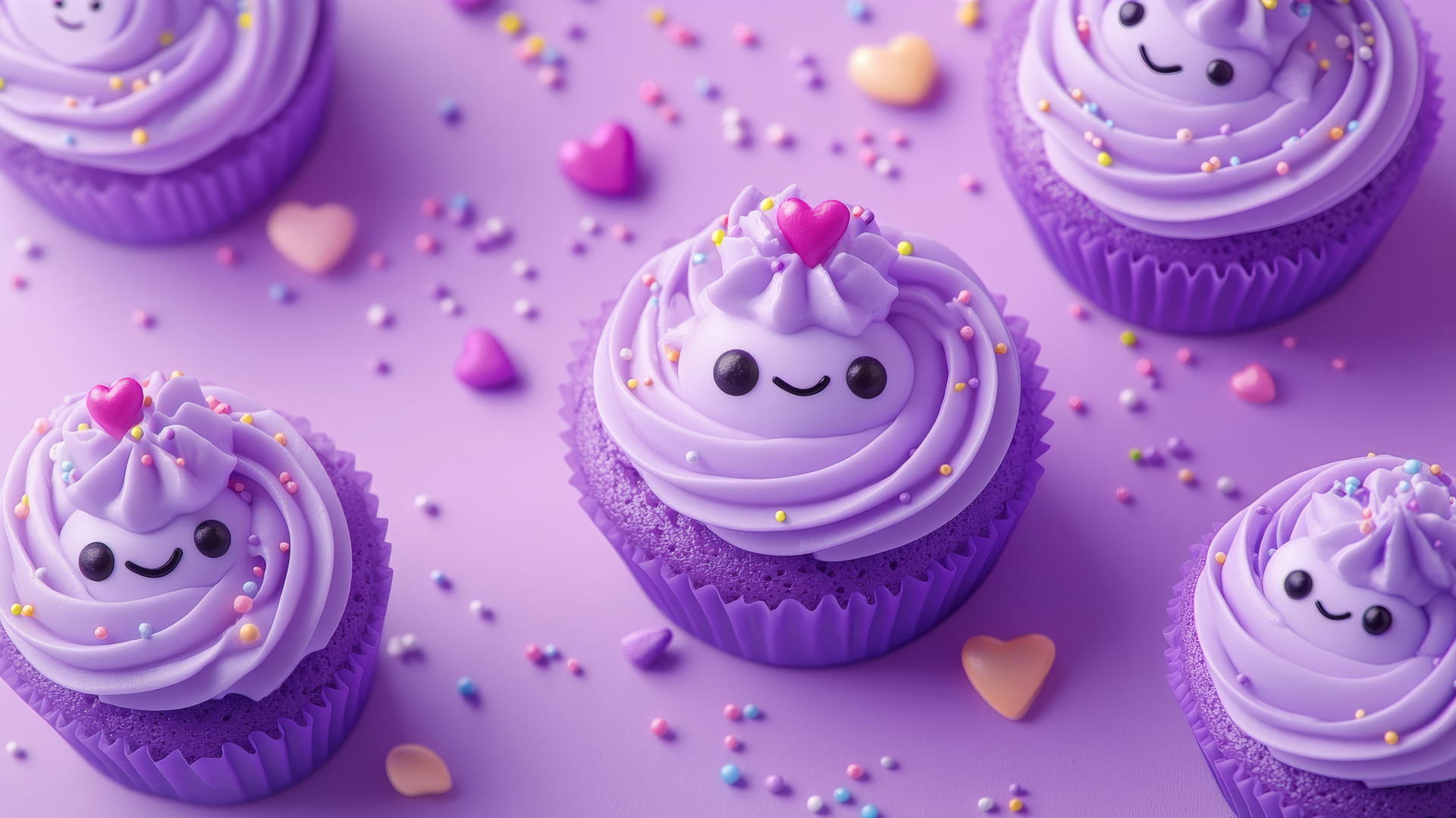 cute purple wallpaper with cartoon cupcakes, sprinkles, candies, glowing hearts