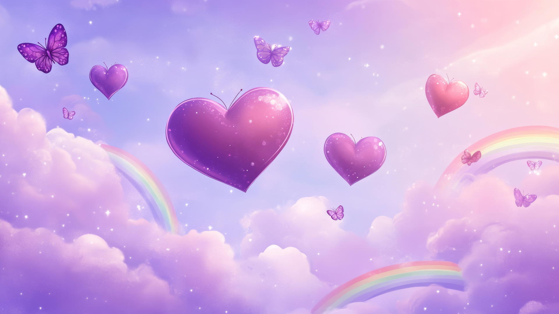 purple heart wallpaper with hearts that have little wings, flying in a lavender sky with pastel rainbows and butterflies