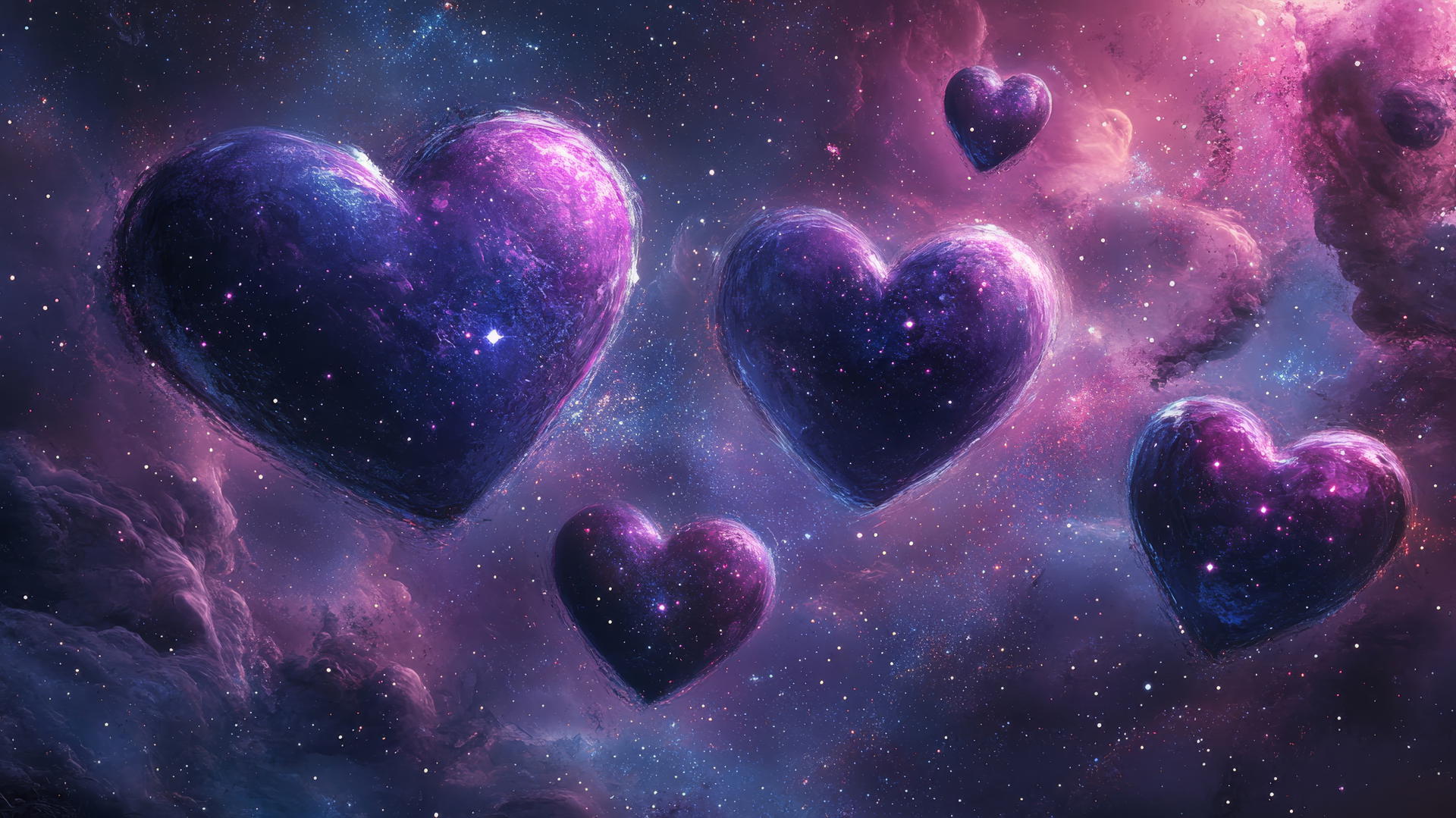 whimsical galaxy-inspired purple heart wallpaper with hearts shaped like planets