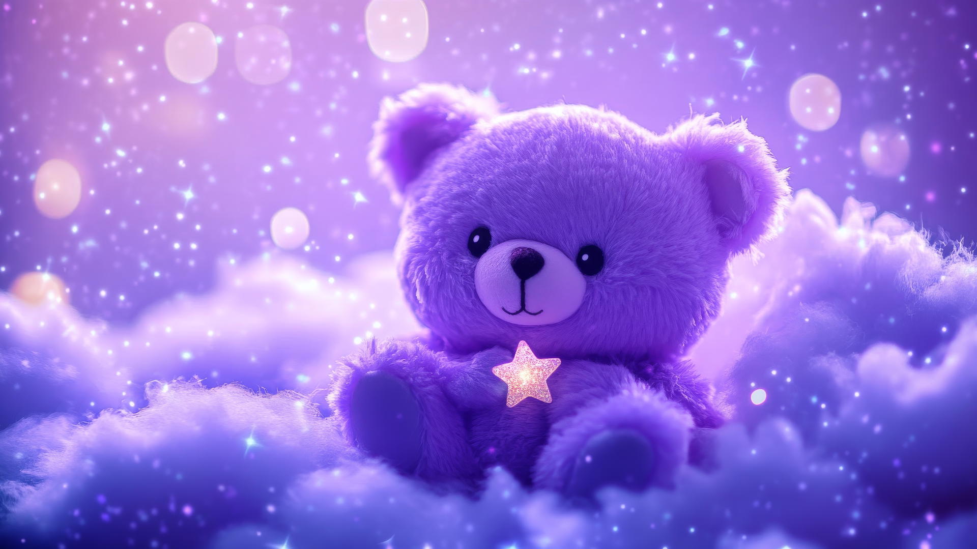 cute purple wallpaper with a kawaii bear holding a star on a fluffy cloud with twinkling lights
