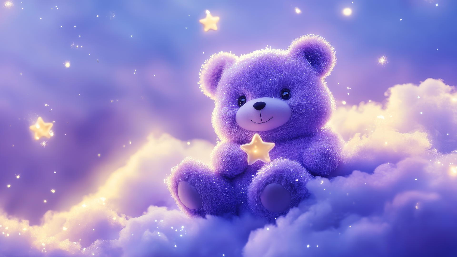 cute purple wallpaper with a kawaii bear holding a tiny star on a lavender cloud with sparkles and twinkling lights
