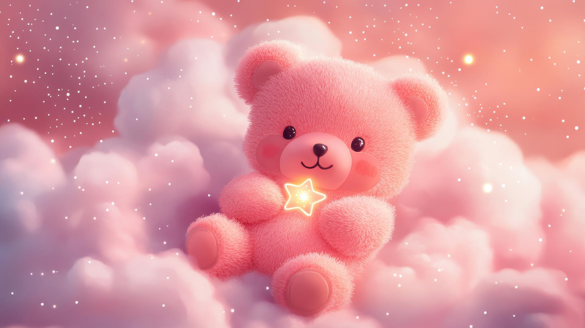 Cute pink wallpaper featuring a kawaii pink bear holding a tiny star, floating on a fluffy pink cloud with soft sparkles and twinkling lights.
