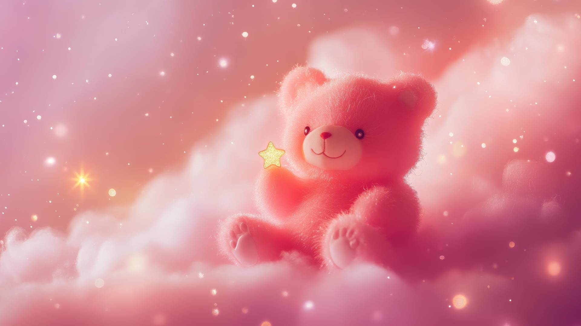 cute pink wallpaper with kawaii bear holding tiny star on fluffy cloud with sparkles