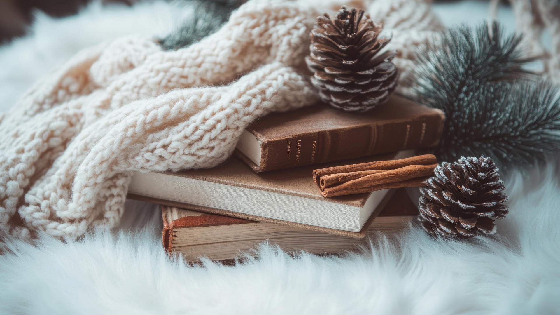 Winter aesthetic wallpaper featuring vintage books, scarves, pinecones, and cinnamon sticks on white fur.