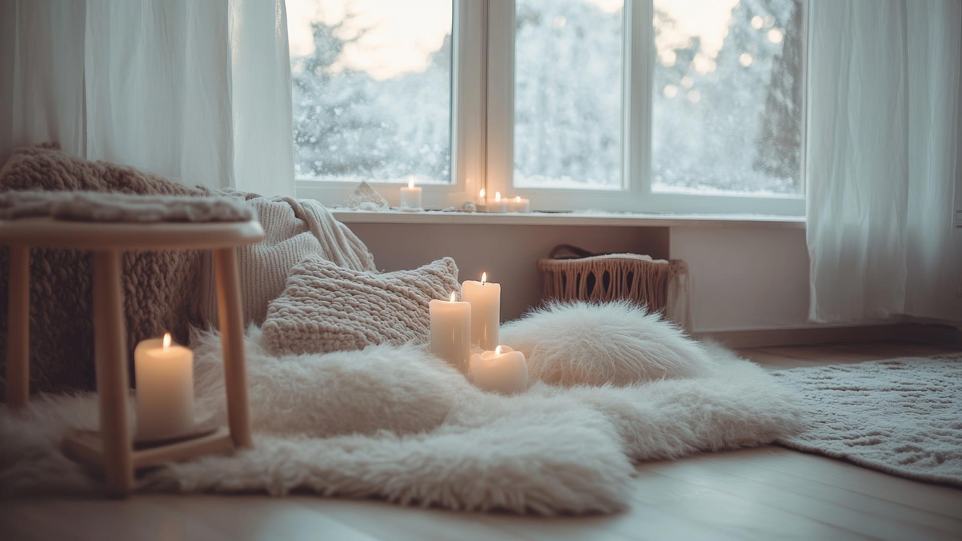 aesthetic winter wallpaper with Scandinavian-inspired interior, wooden furniture, fluffy rugs, and glowing candles