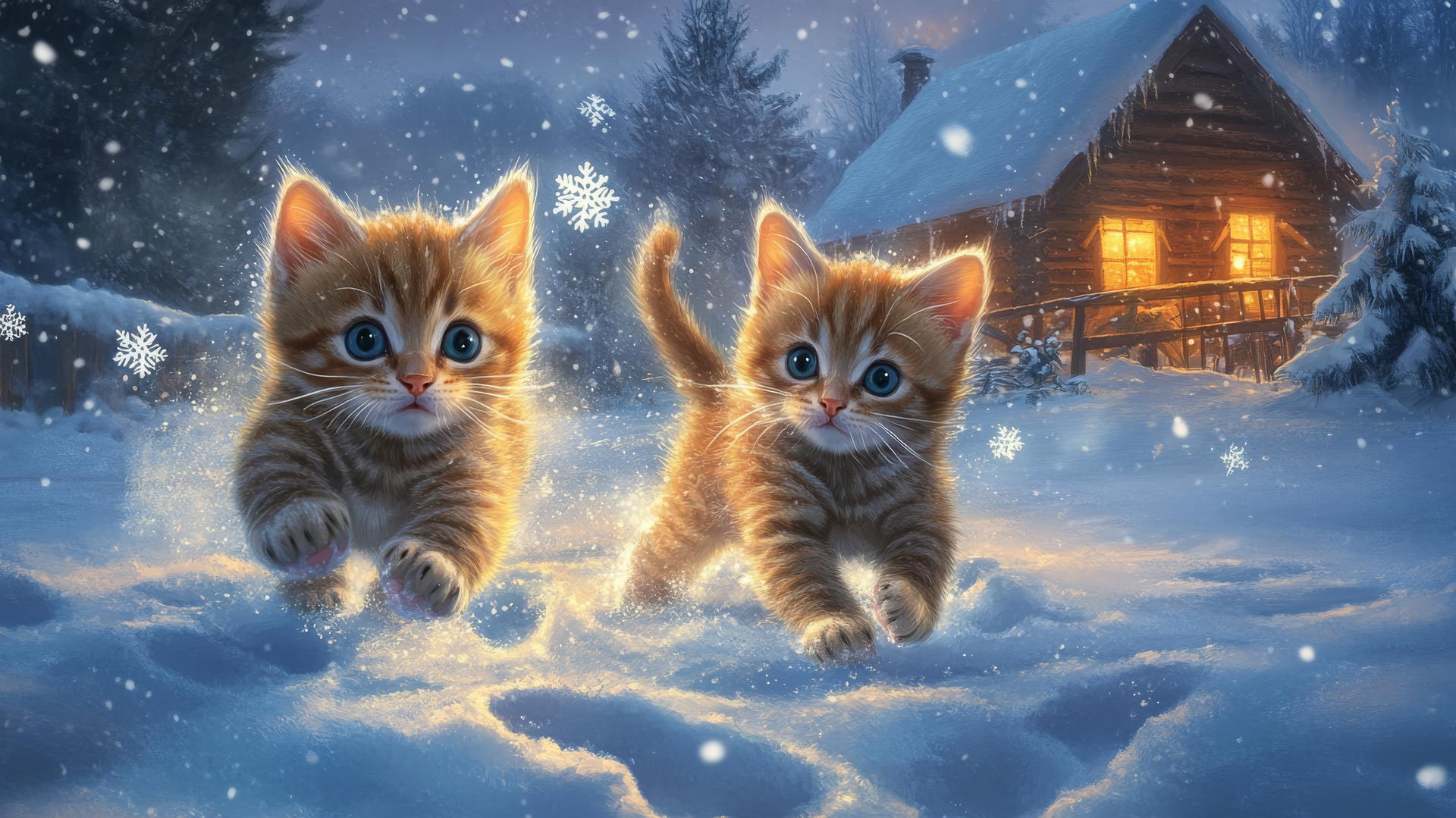 cute winter wallpaper with tiny kittens playing in the snow near a cozy glowing cabin