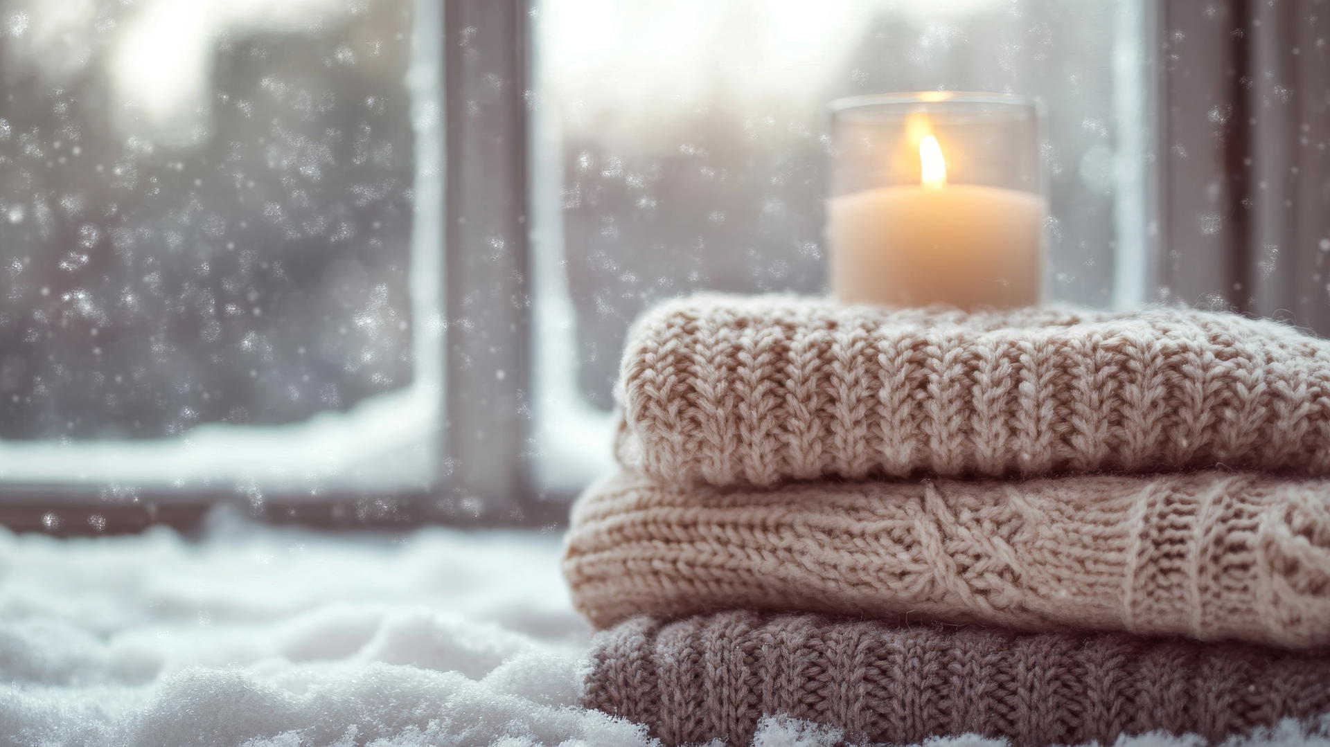 cozy winter iPhone wallpaper with thick, neutral-toned sweaters, snow-covered window, and candle