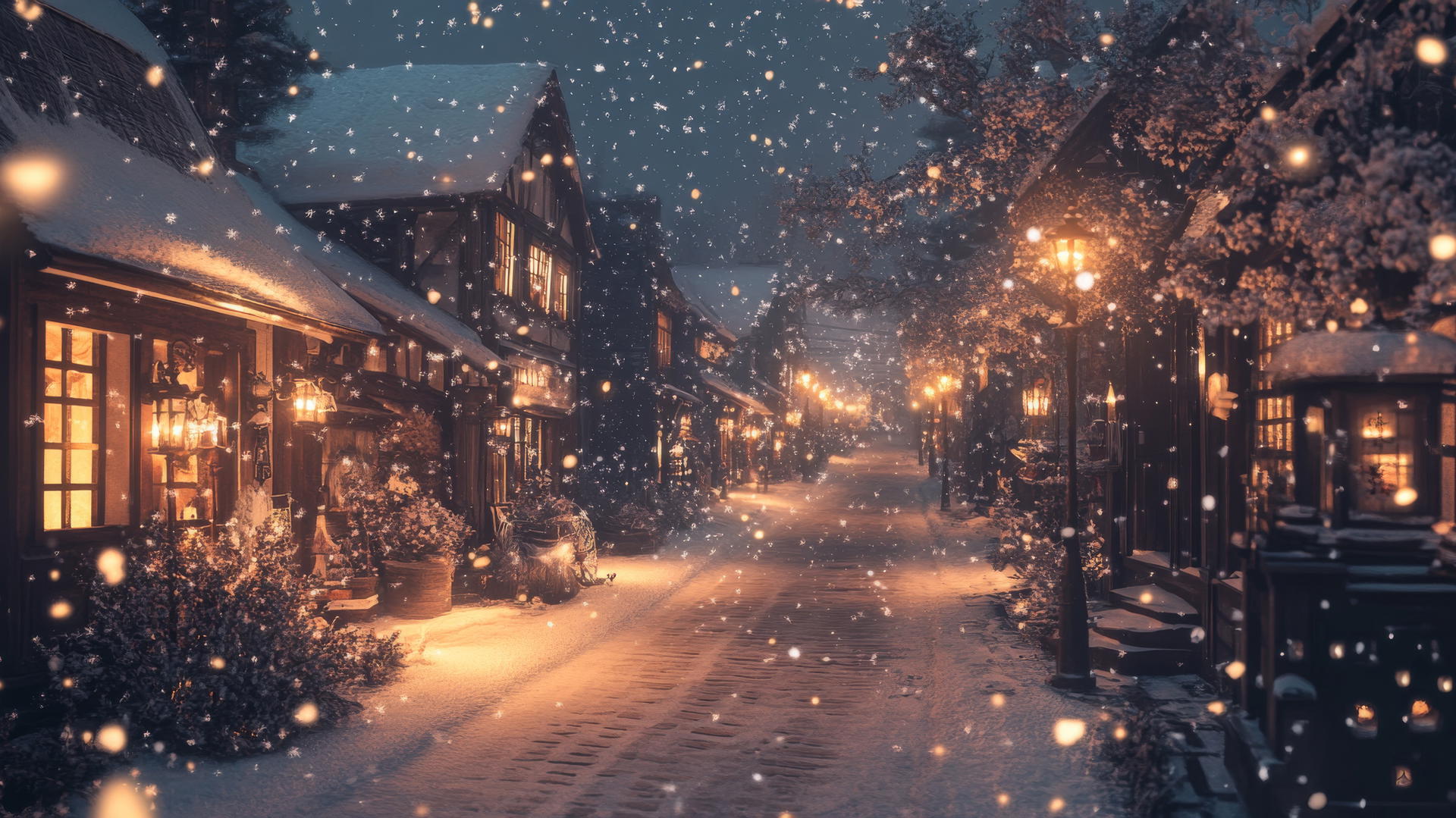 Winter wallpaper aesthetic with a vintage-style street, snow-covered rooftops, glowing lanterns, and falling snowflakes.