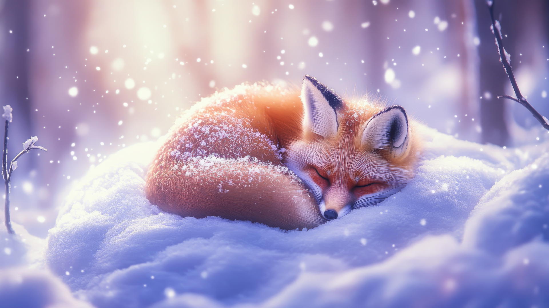 Adorable little fox in nest of snow with snowflakes, cute winter wallpaper
