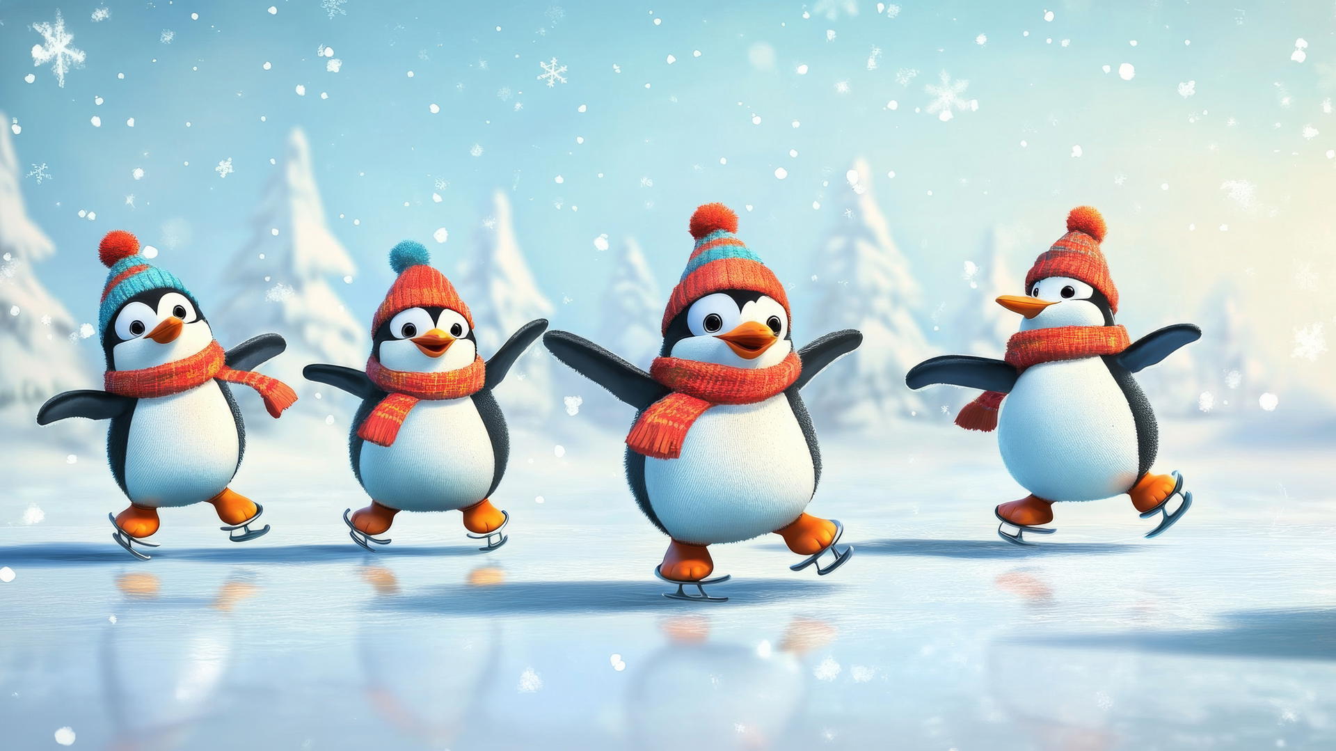 Cute winter wallpaper of penguins ice skating on a frozen pond with bright hats and scarves.