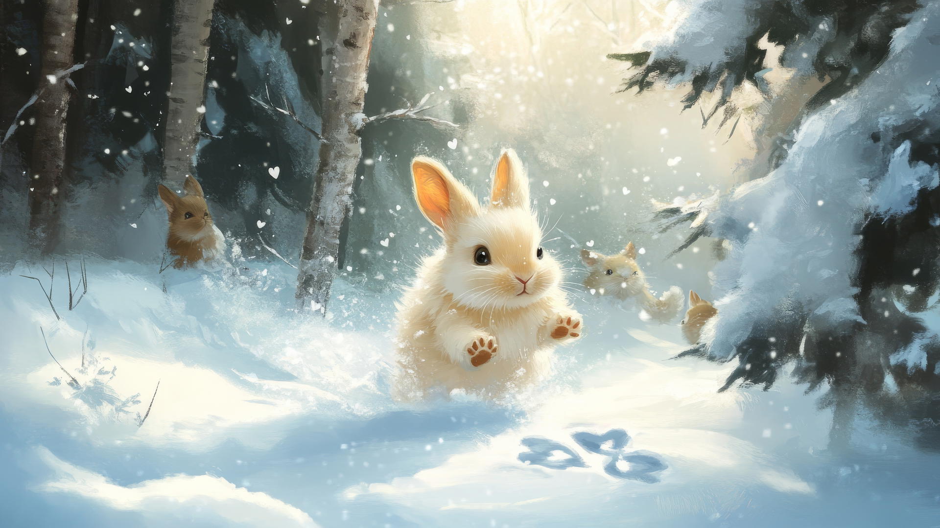 cute winter wallpaper with a fluffy snow bunny hopping through a snowy forest