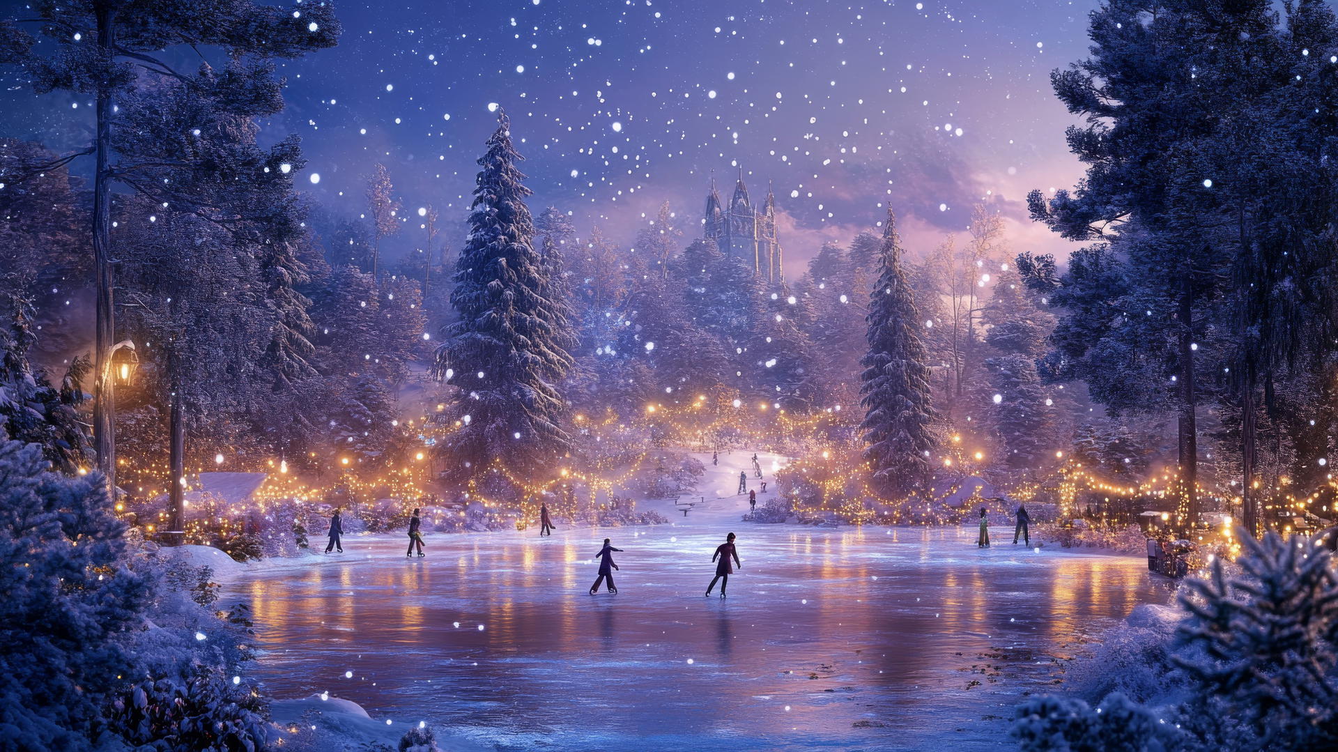 winter wonderland wallpaper with ice skaters on a frozen pond, surrounded by snow-laden pine trees and fairy lights