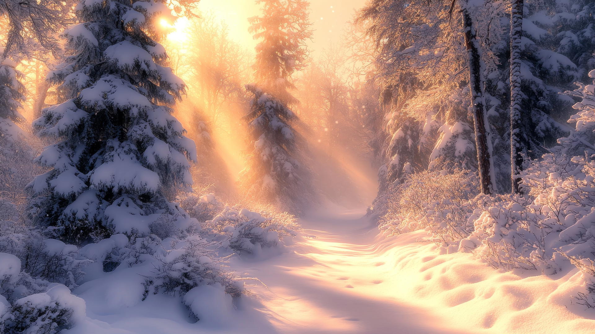 Winter wonderland wallpaper with snow-covered evergreens, light snow on the ground, and a misty morning sun.