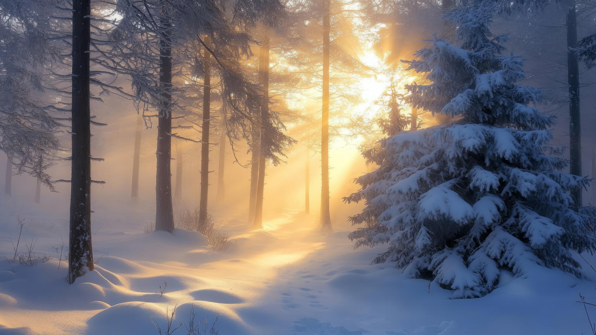 winter wonderland wallpaper with snow-covered evergreens and morning sun