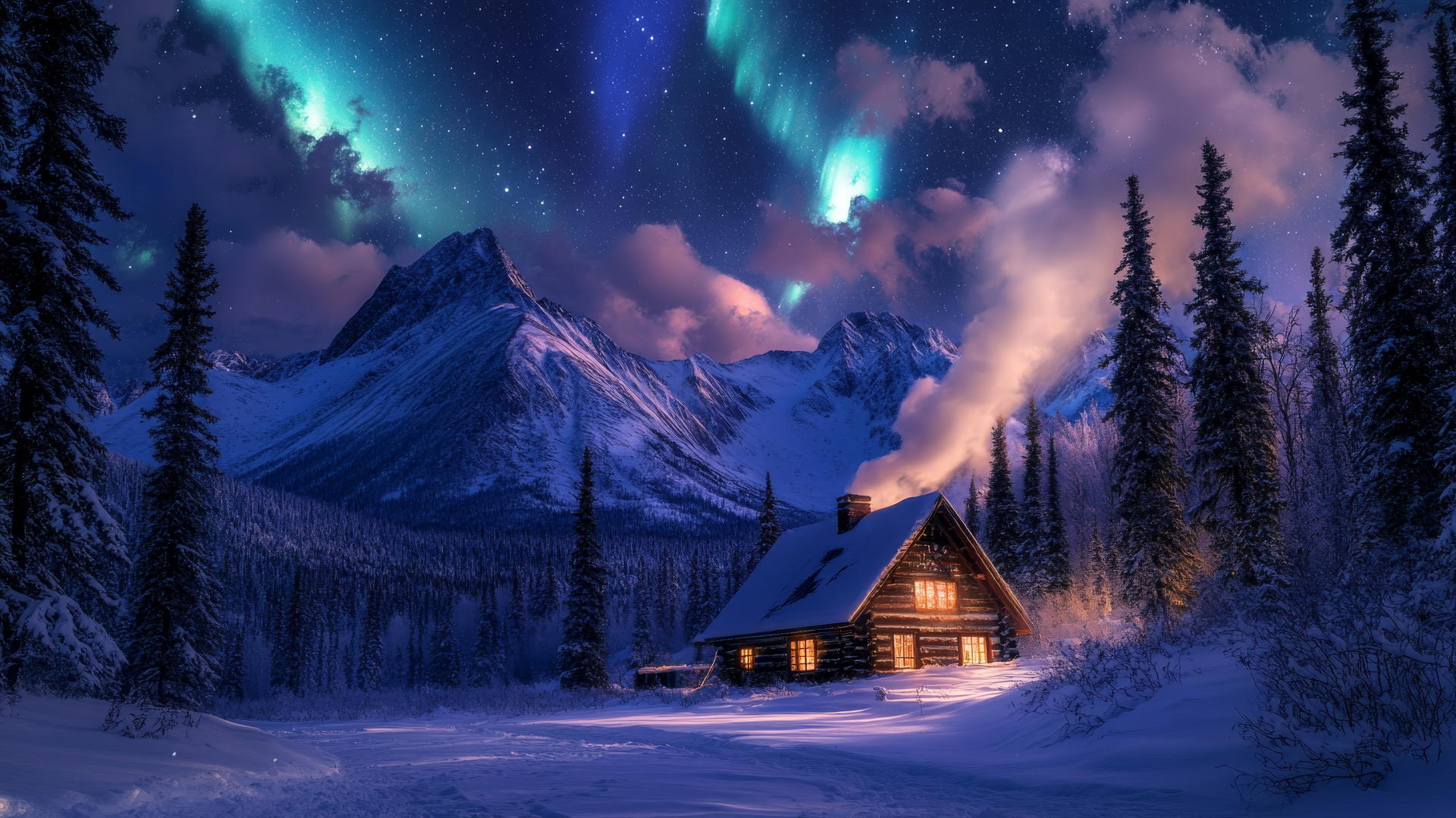 winter background wallpaper of snow-covered mountain cabin with smoke rising from the chimney
