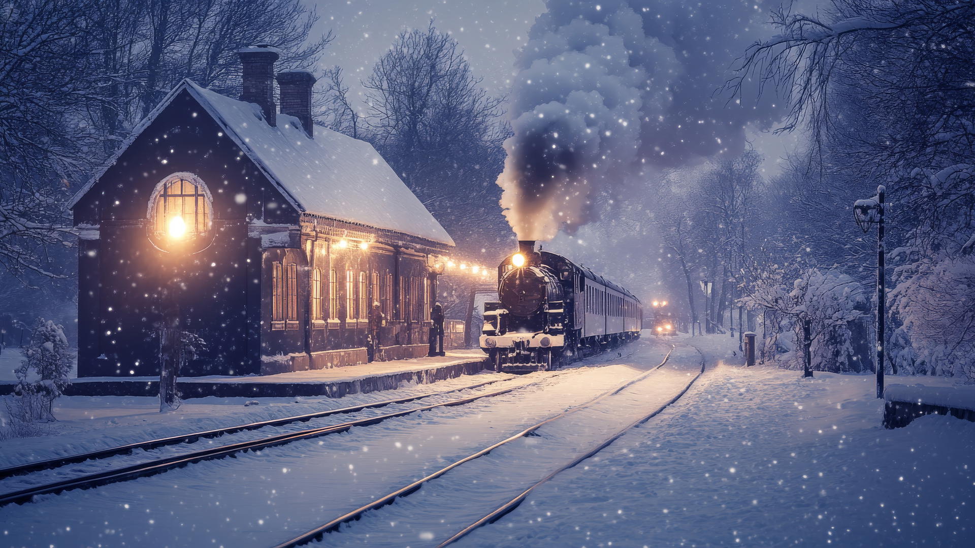 A vintage steam train arriving at a snow-covered train station at dusk, winter background wallpaper