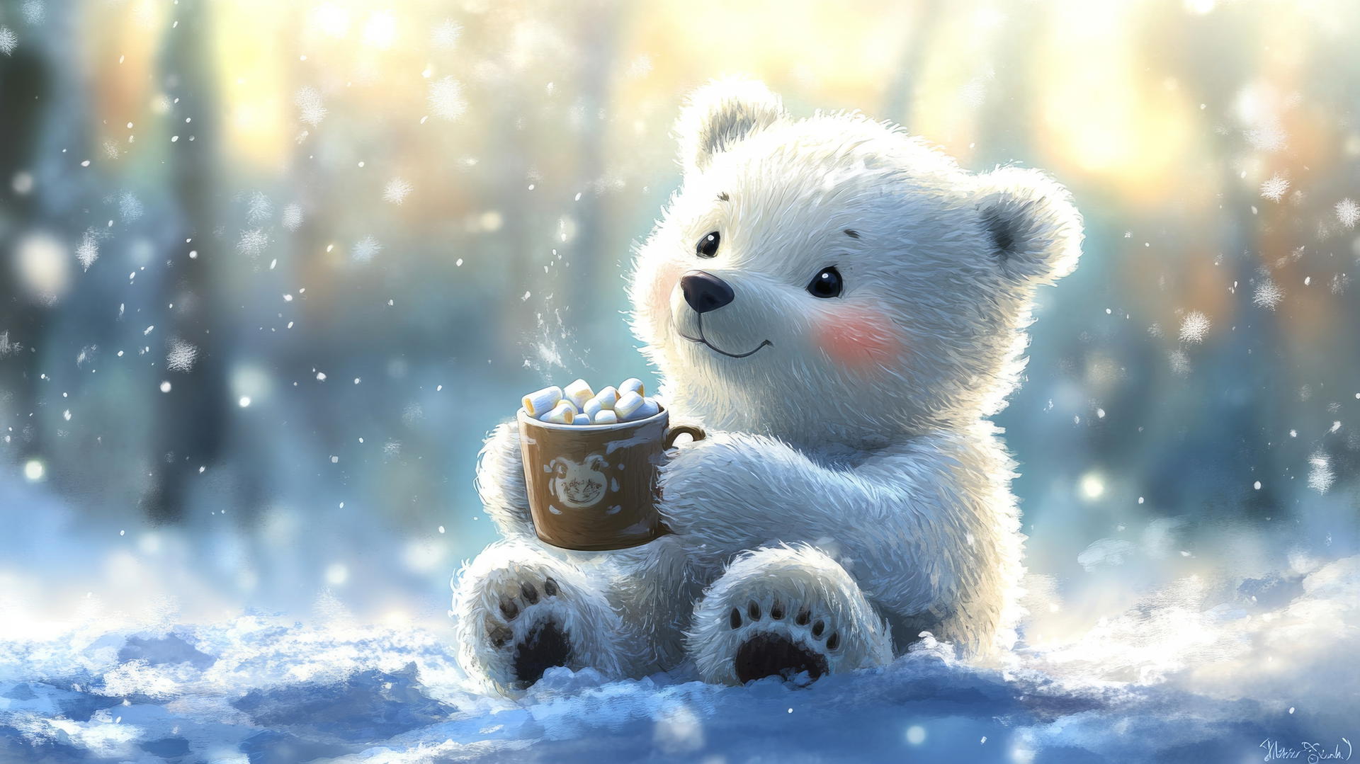 cute bear wallpaper with polar bear cub holding hot cocoa in the snow