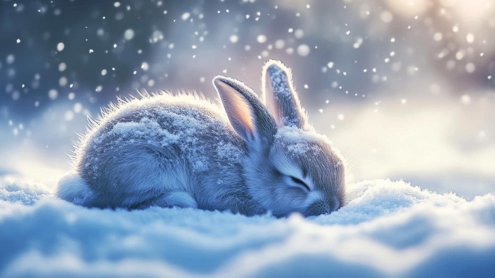 A cute, sleepy bunny curled up in the snow with snowflakes on its fur. Cute winter wallpaper.