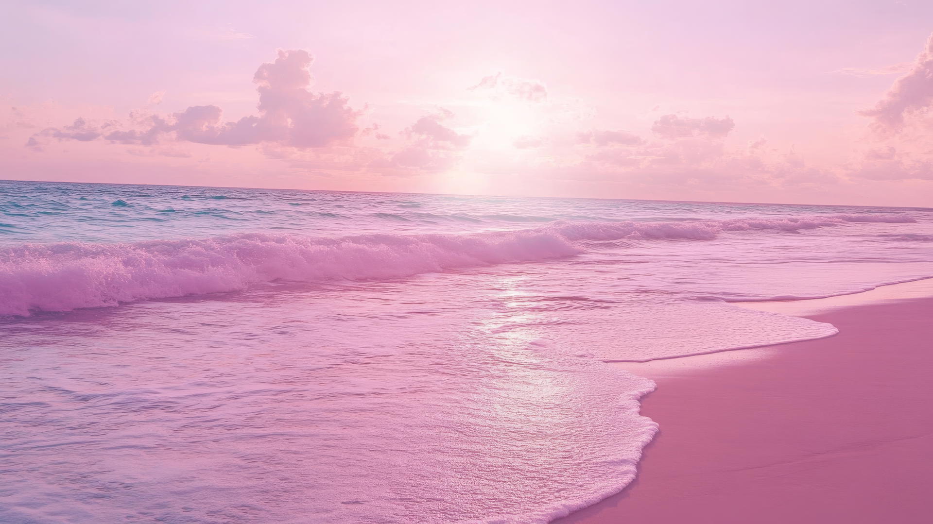 beach wallpaper aesthetic with pastel-toned beach, soft pink skies, and lavender waves