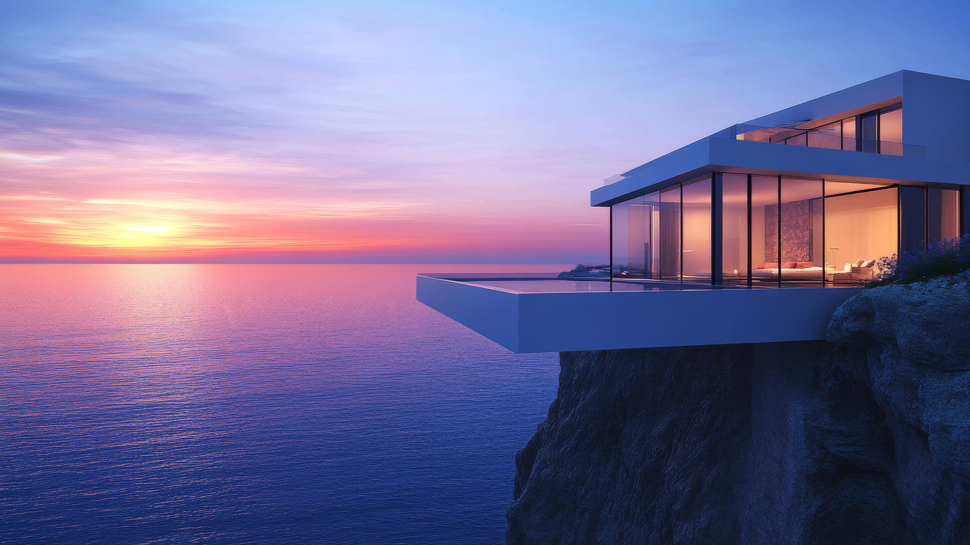 luxurious modern beach house wallpaper with glass walls reflecting sunset