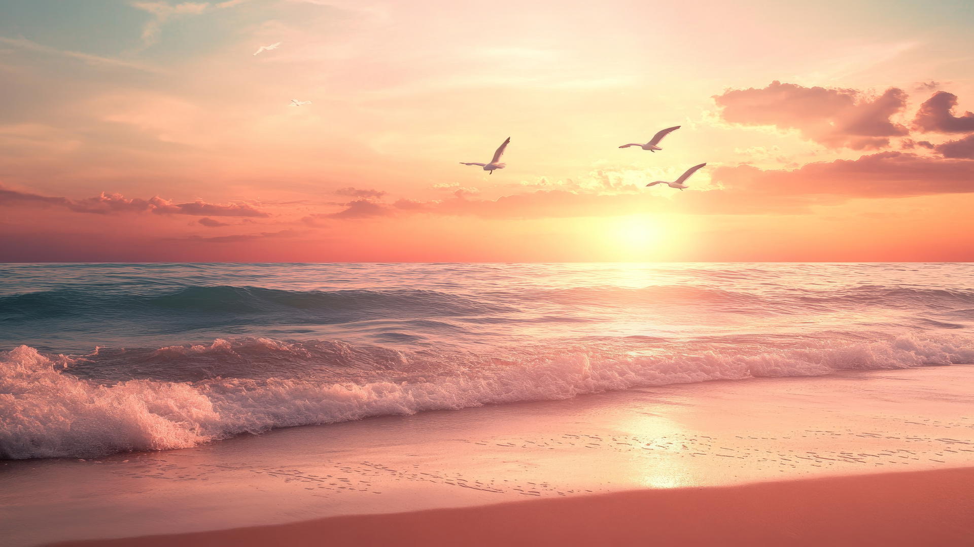 dreamy beach sunset with pastel skies, gentle waves, and soaring seagulls