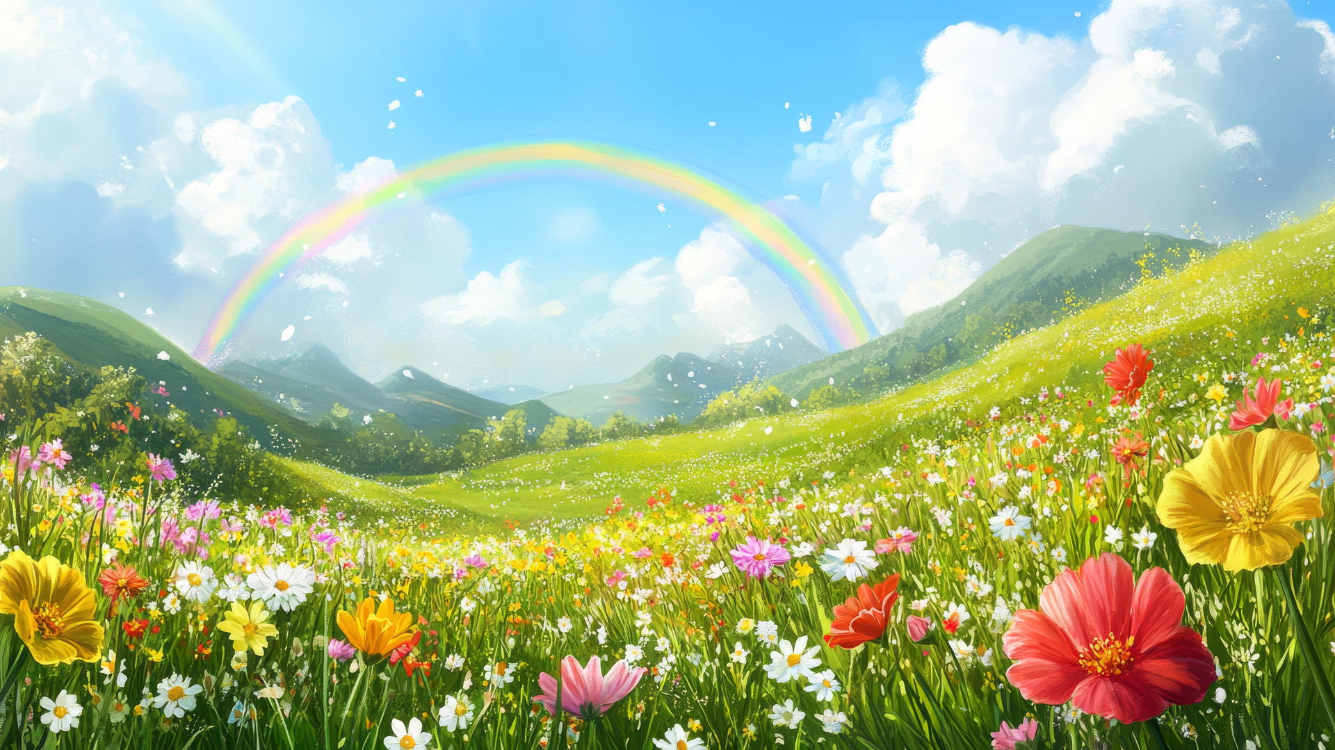 spring wallpaper with a green meadow, blooming wildflowers, and a rainbow