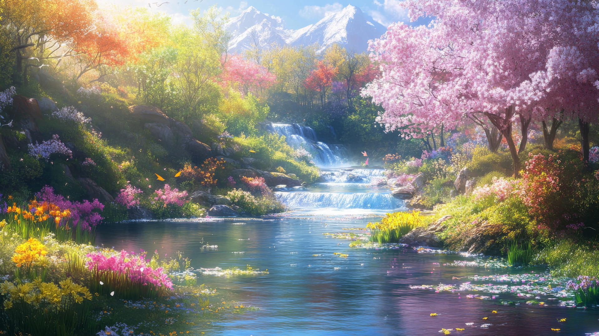 spring wallpaper with a flowing river surrounded by colorful blooming plants
