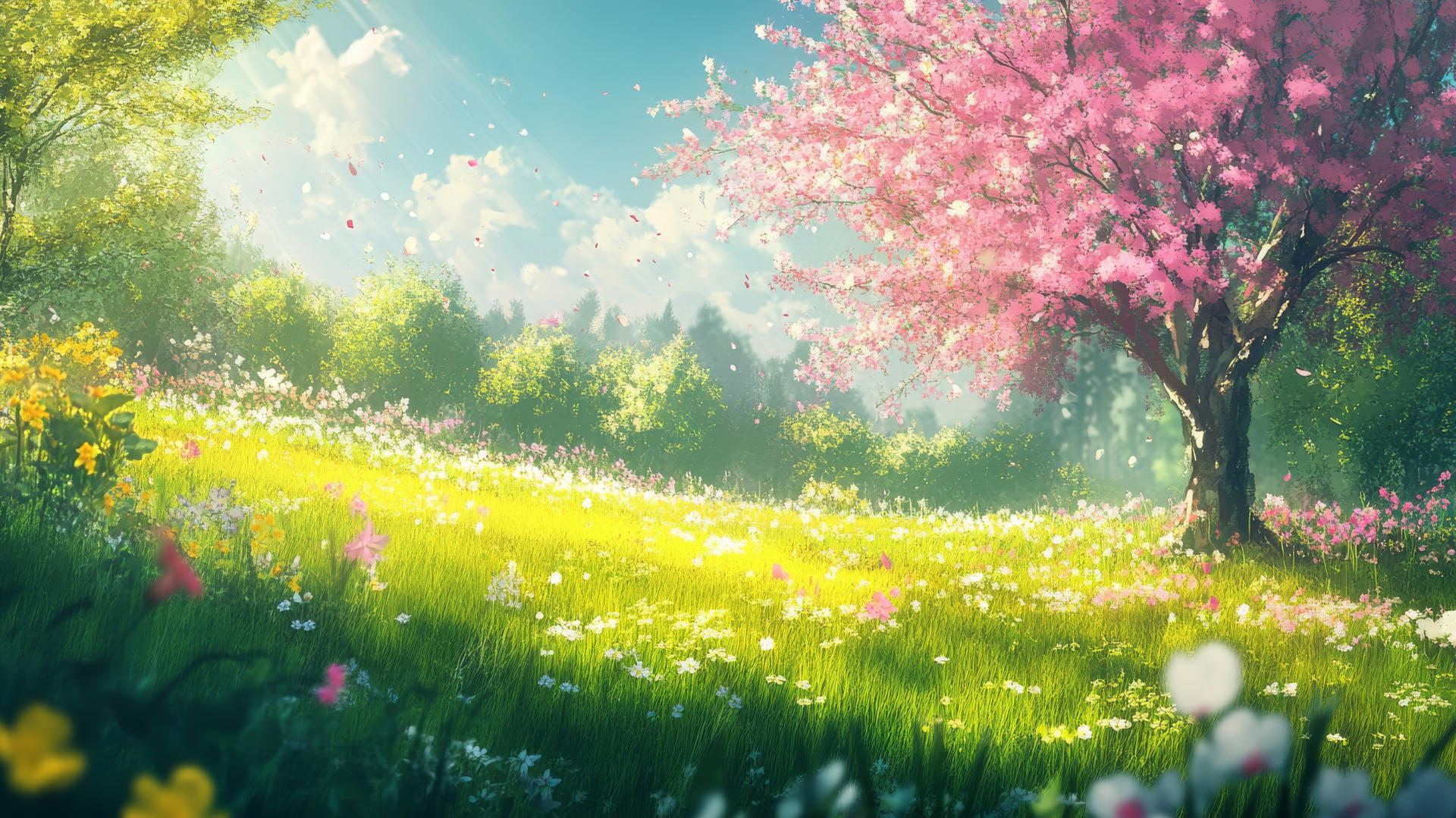 spring background wallpaper with a sunny meadow, blossoming trees, and vibrant flowers