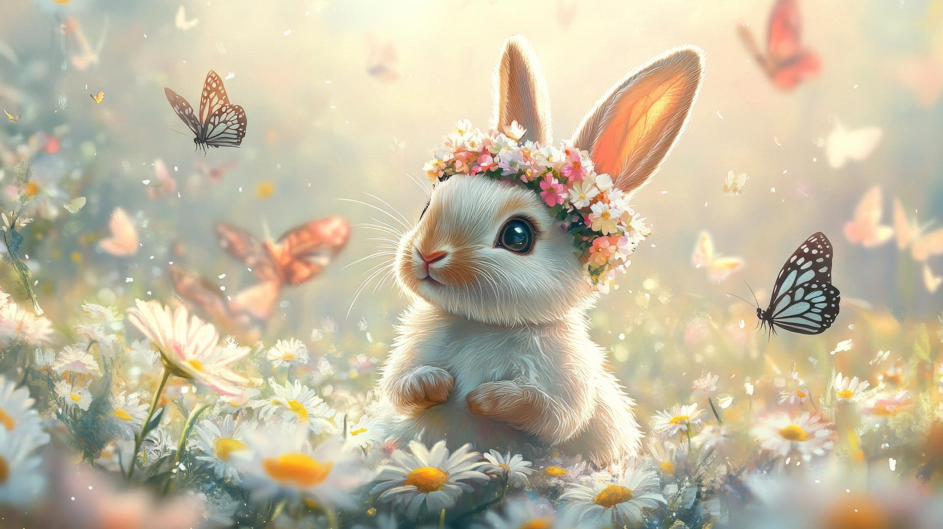 cute spring wallpaper with baby bunny in flower crown and pastel daisies