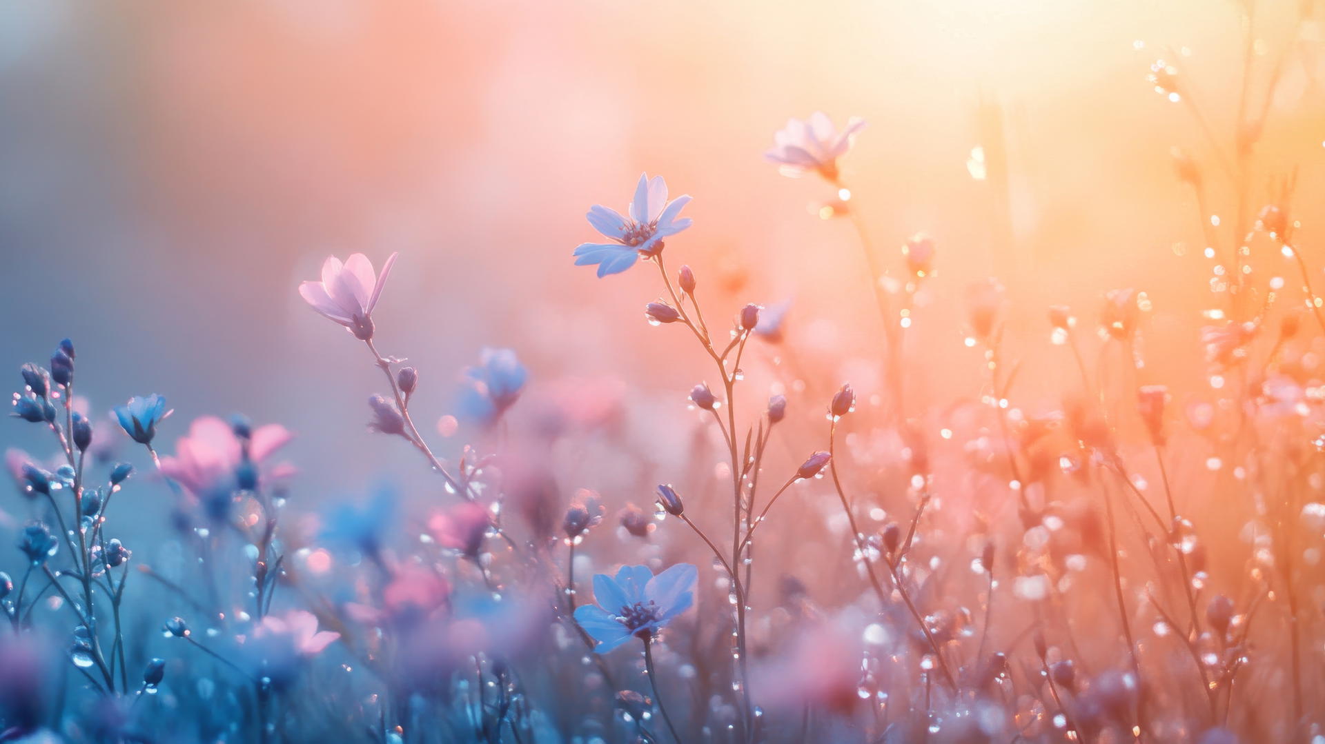 spring aesthetic wallpaper featuring wildflowers in a dewy meadow at sunrise with soft colors and subtle gradients