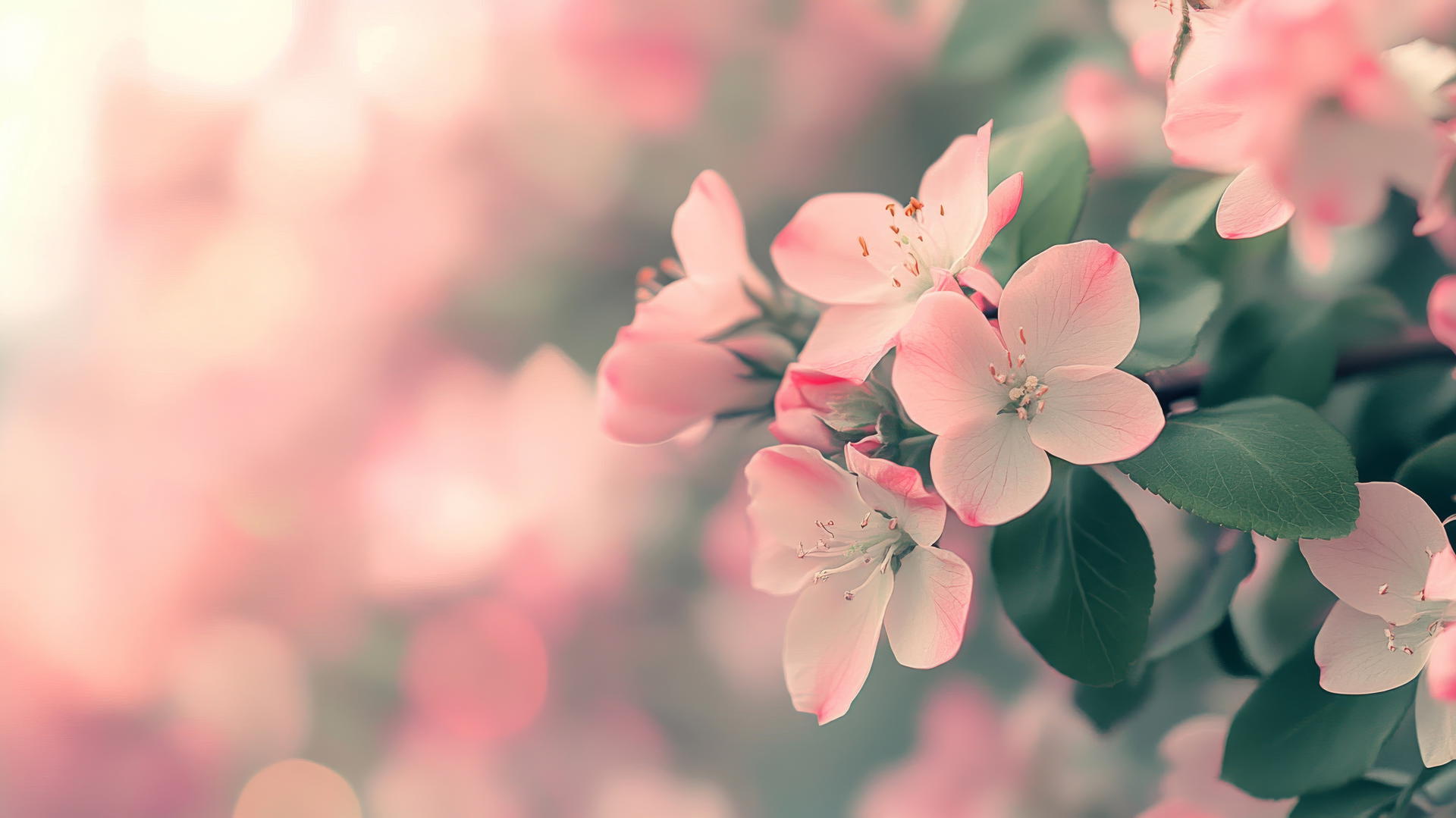 spring aesthetic wallpaper with pink and white flowers, soft green leaves