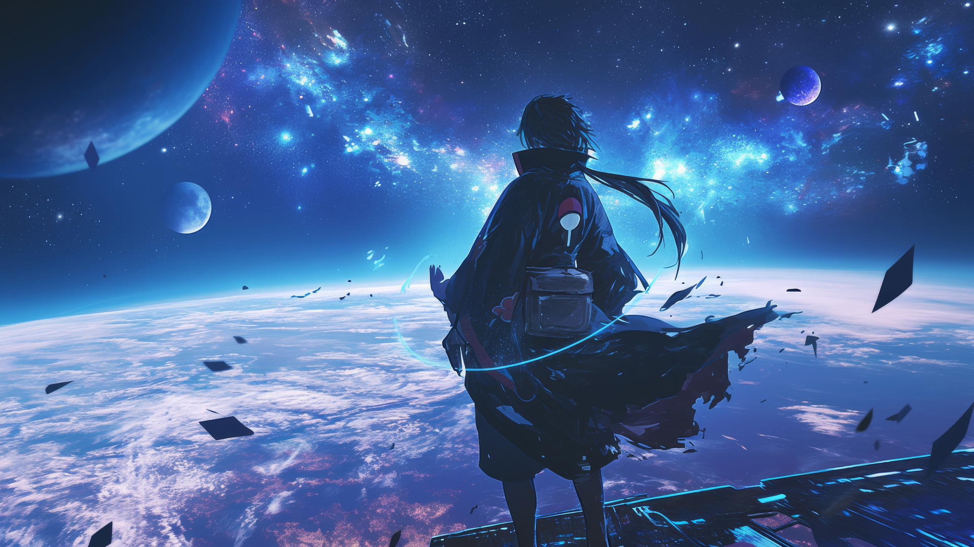 Itachi Uchiha in a robotic exoskeleton on a spaceship deck with galaxy background