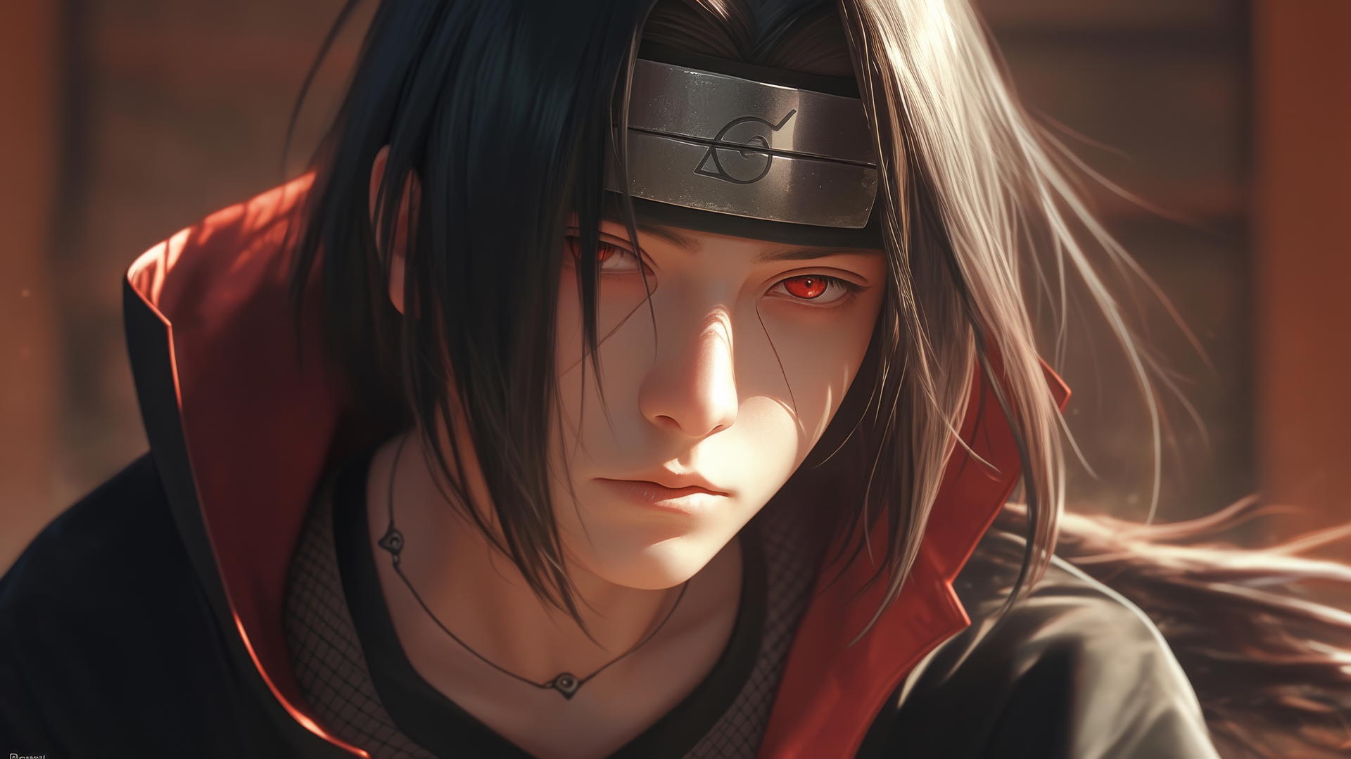 itachi uchiha drawing in hyper-realistic style with detailed face, hair, and cloak